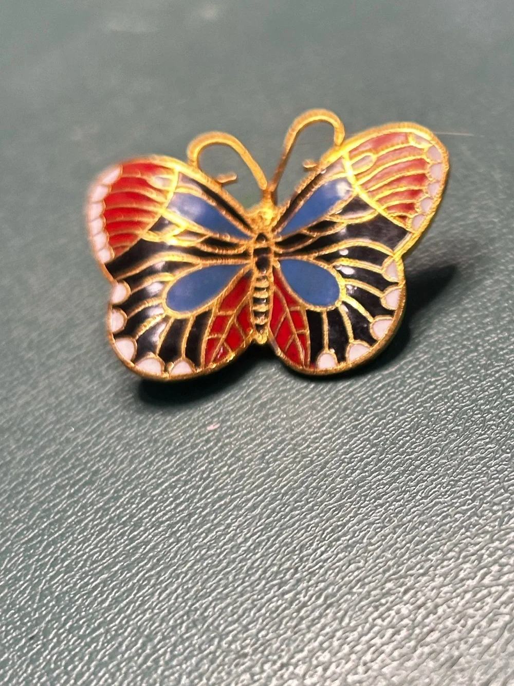Gold Butterfly Enamel Pin - Red & Blue Accent
